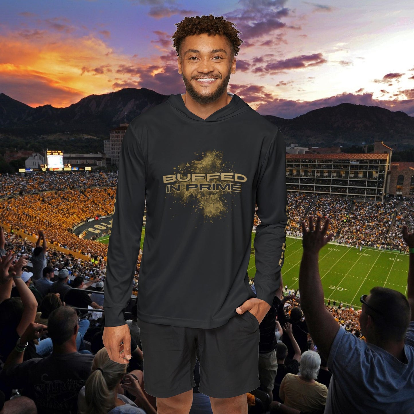 Black CU Gold No Loafing BIP Logo Hoodie Men's Sports Warmup Hoodie (AOP)